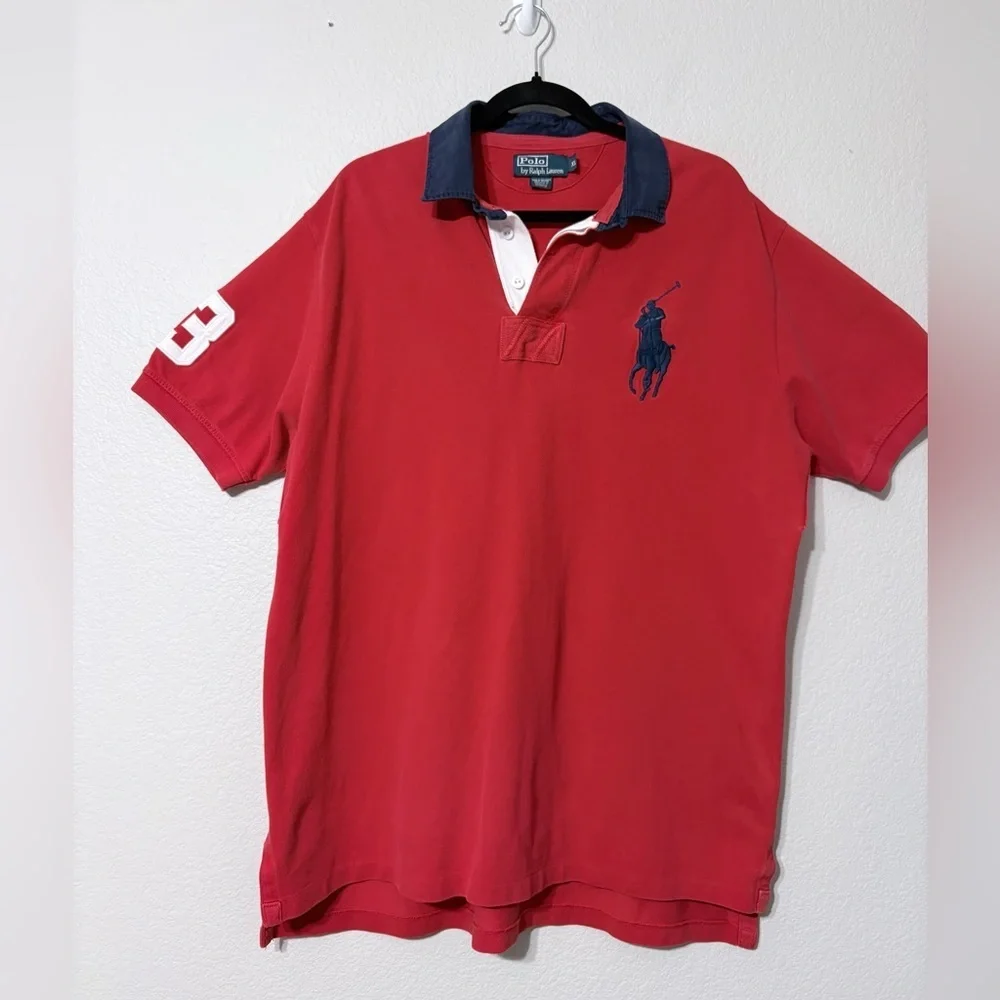 Vintage Polo Ralph Lauren Rugby Red Shirt with Navy Accents Big Pony #3 Sleeve